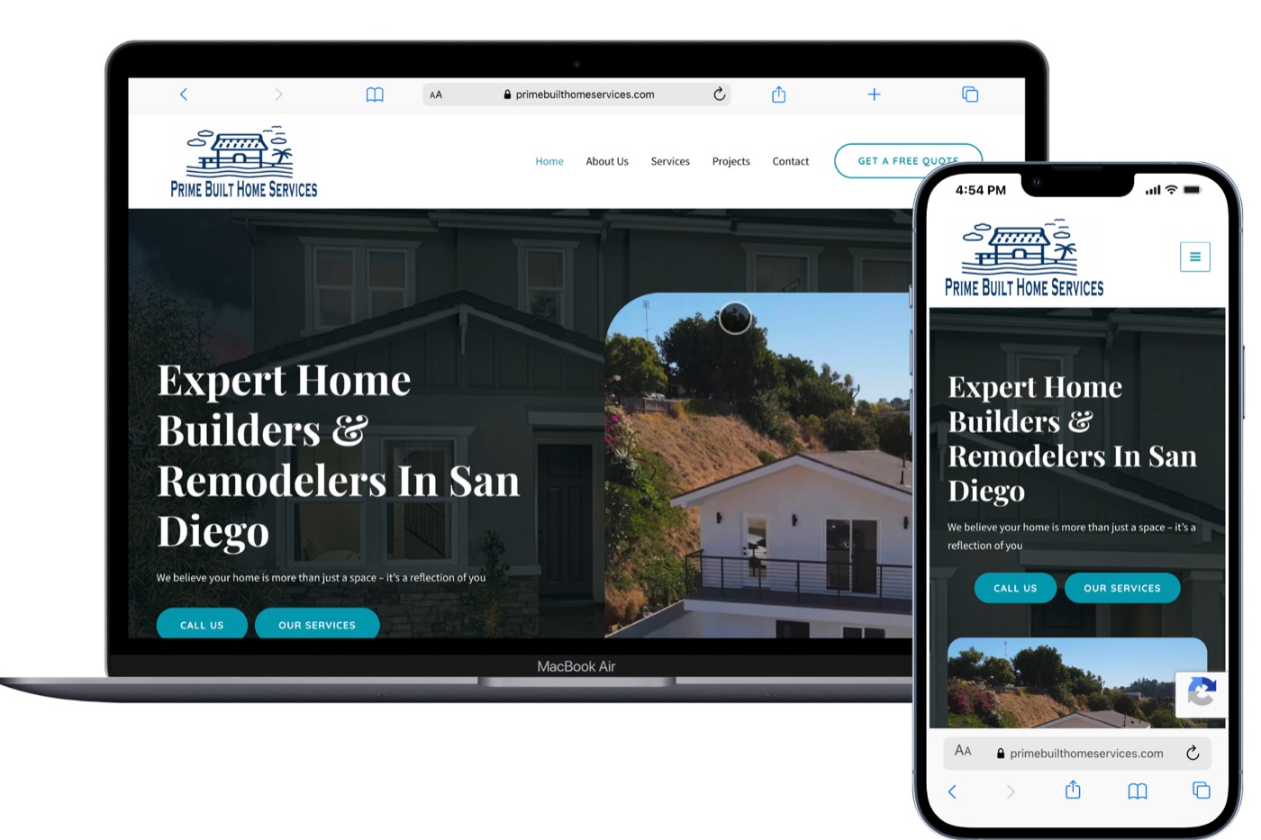 Contractor website shown on laptop and mobile with proof and a tappable phone number above the fold