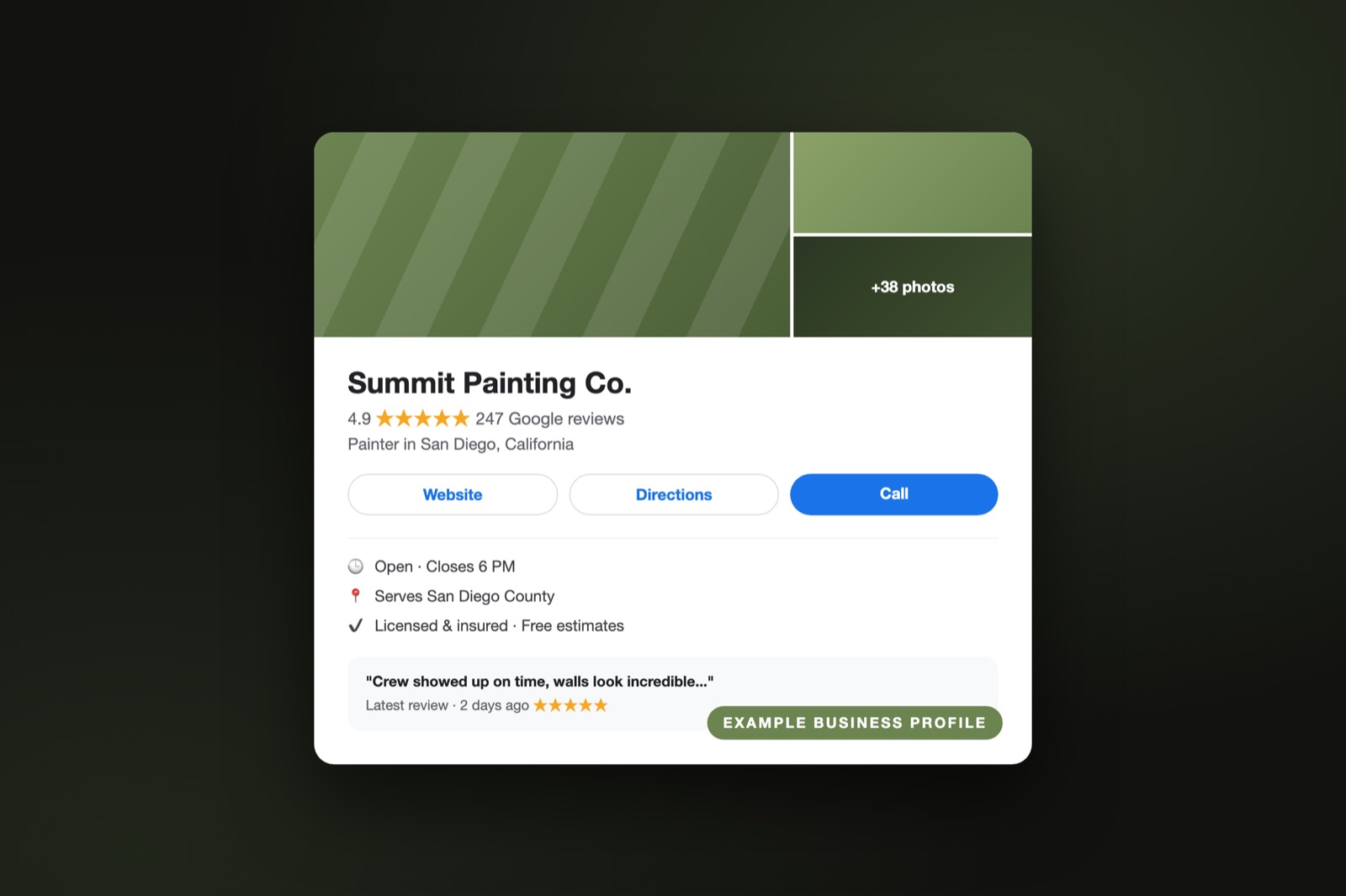 Example of an optimized Google Business Profile for a contractor with a 4.9 star rating, photos, services, and review snippets