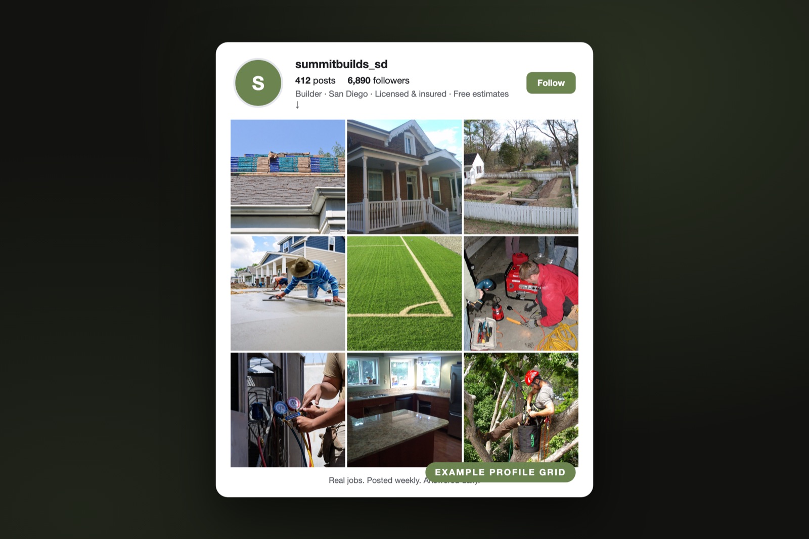 Example contractor Instagram profile grid showing consistent project photos and an active posting cadence