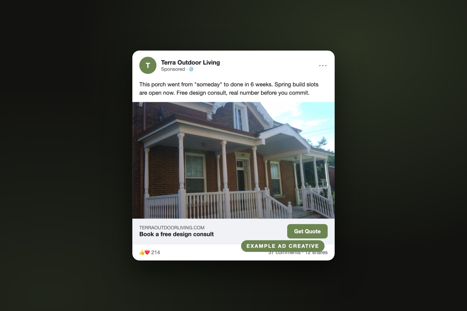 Example Facebook and Instagram ad for a home improvement company showing a project transformation with a quote request button