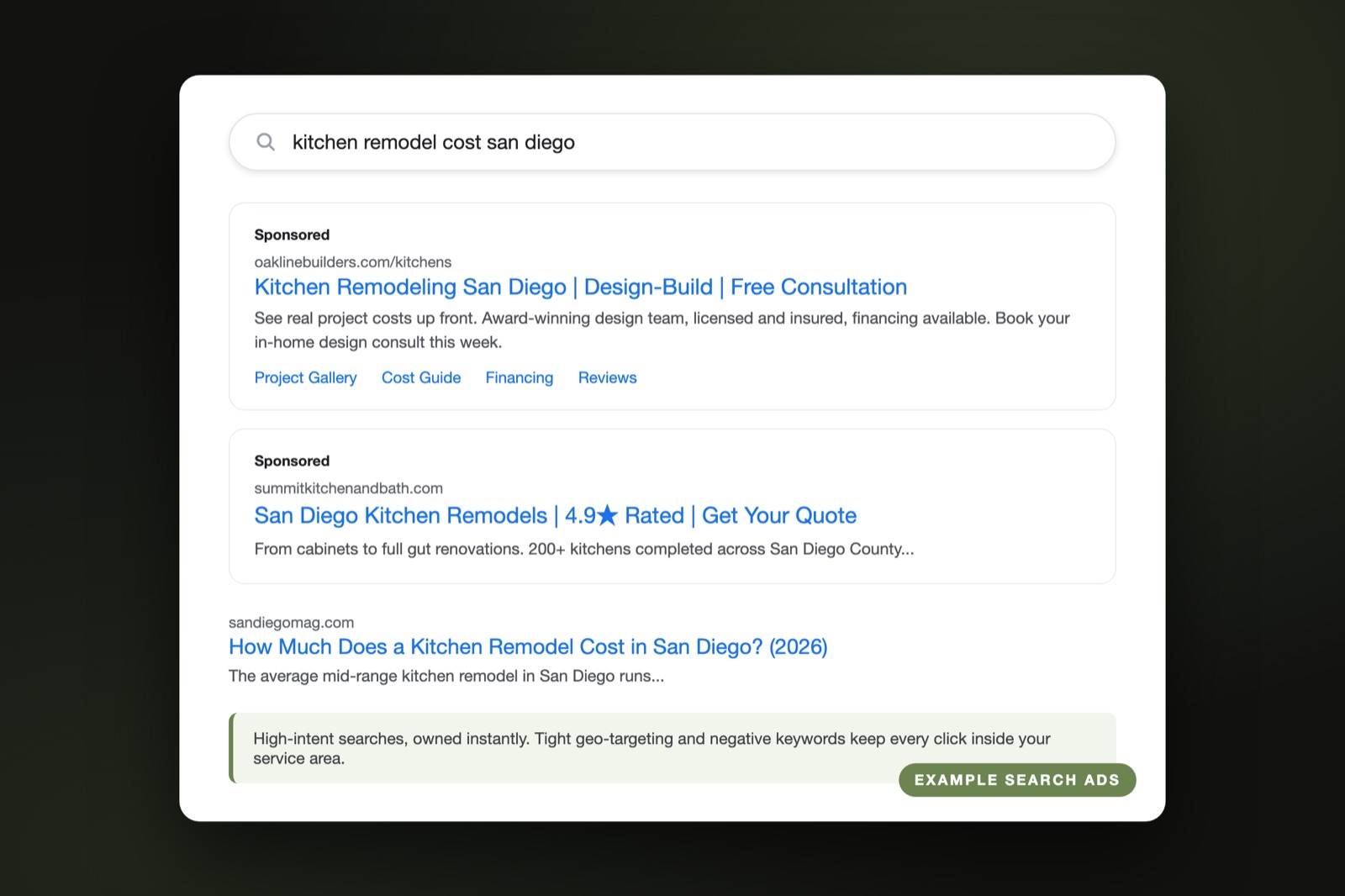Example Google search ads for home service companies showing sponsored results above the organic listings