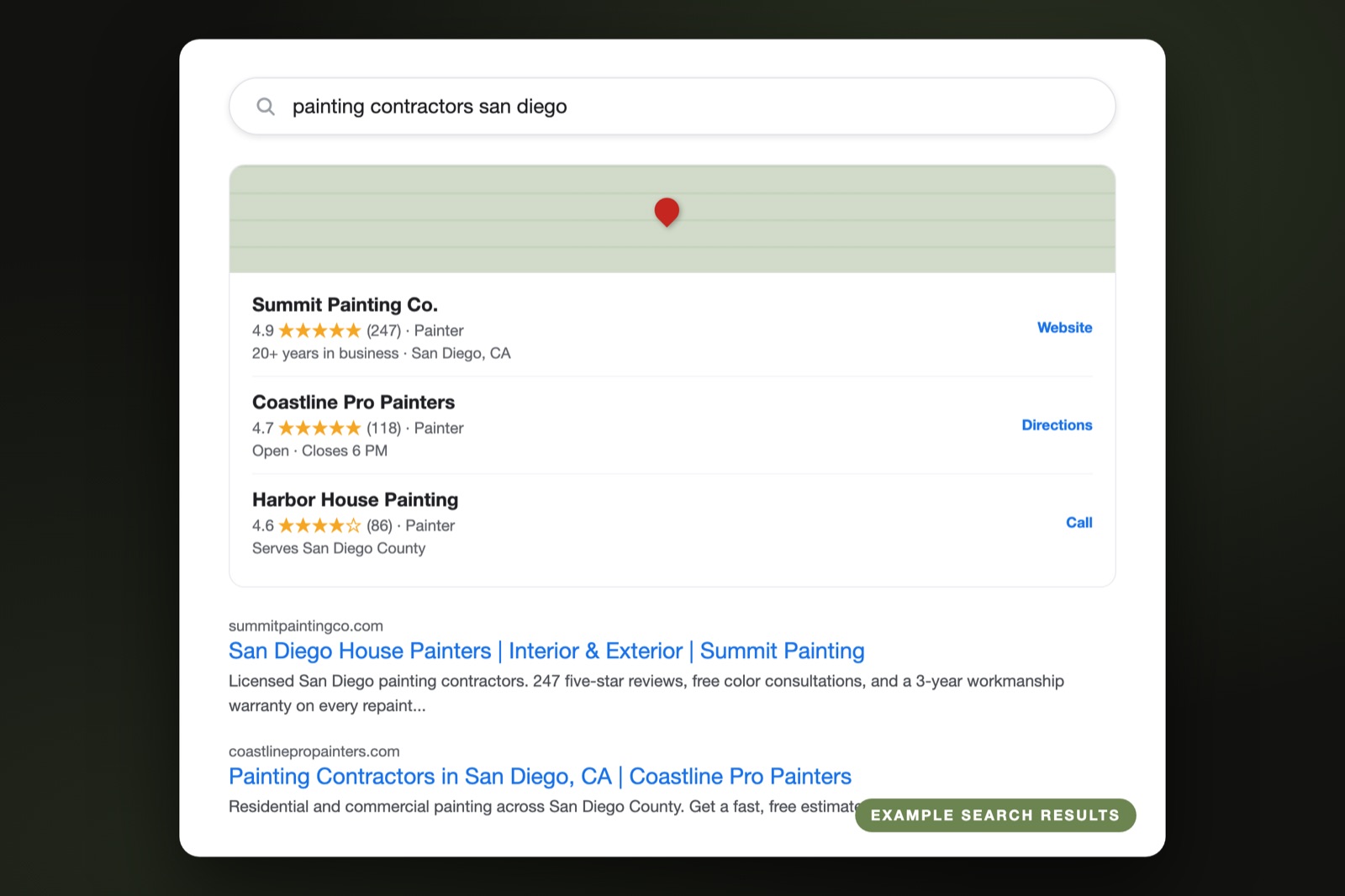 Example Google search results for painting contractors showing the local map pack and organic rankings